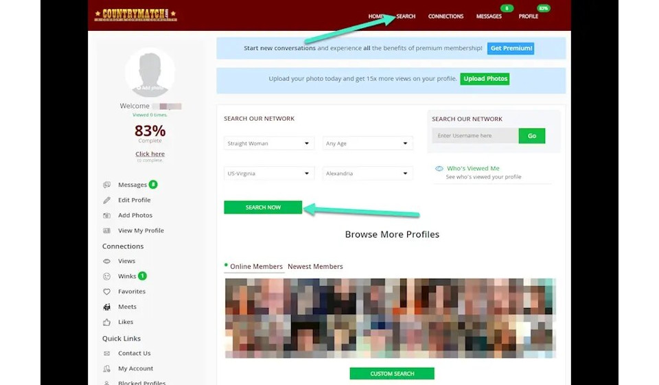 Proceso de búsqueda en el sitio de citas CountryMatch