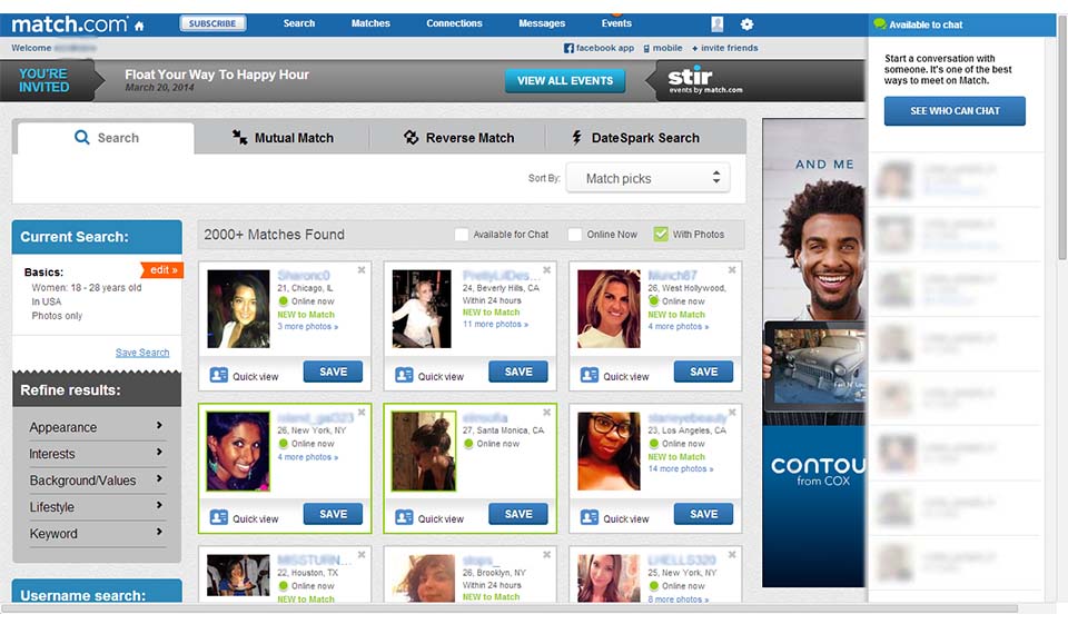 Opciones de búsqueda de coincidencias