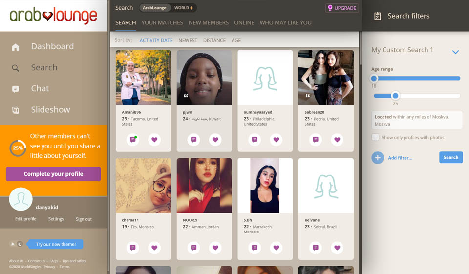 Proceso de registro y perfil de usuario de ArabLounge